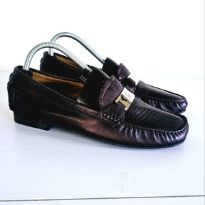 Michael Toschi Slip On Metallic Black Leather  Women's Loafers Size 40.5